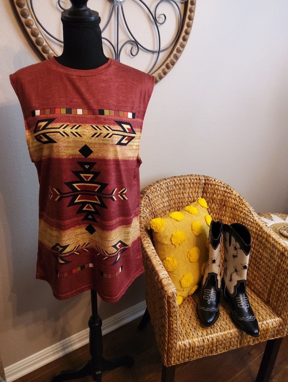 Southwestern Print Sleeveless Tank Top - Rust and Gold Colors